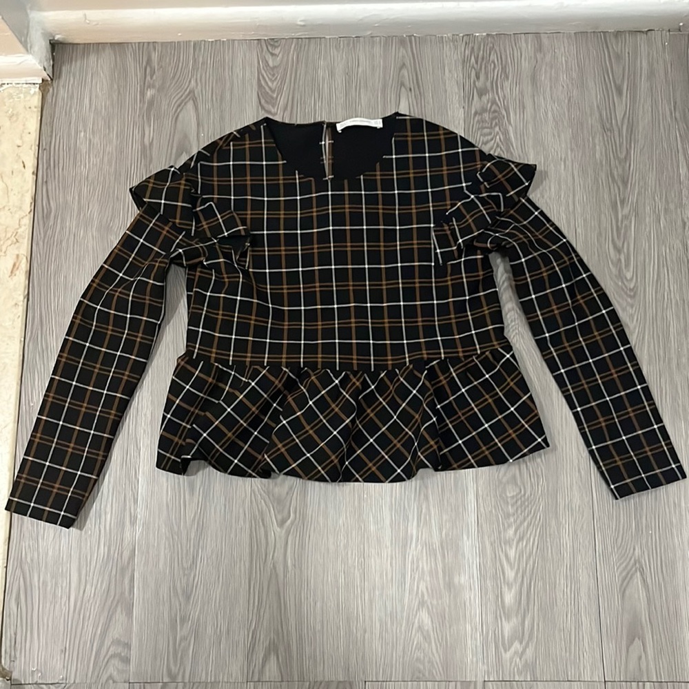 Zara Trafaluc Black Windowpane Plaid Peplum Ruffle Long Sleeve Blouse